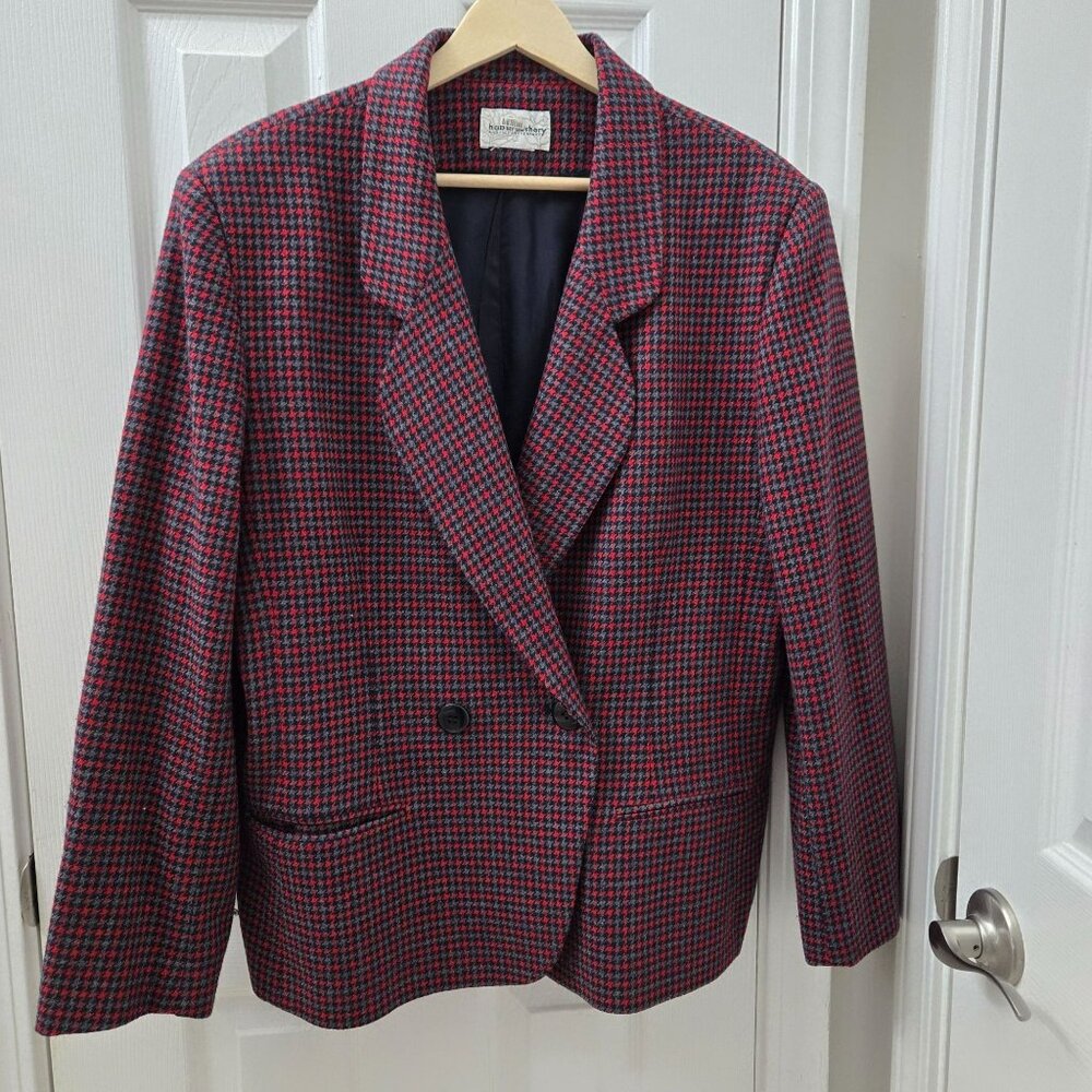 Vintage Haberdashery Blazer Womens‎ 12 Red Black Houndstooth Wool Blend Academia